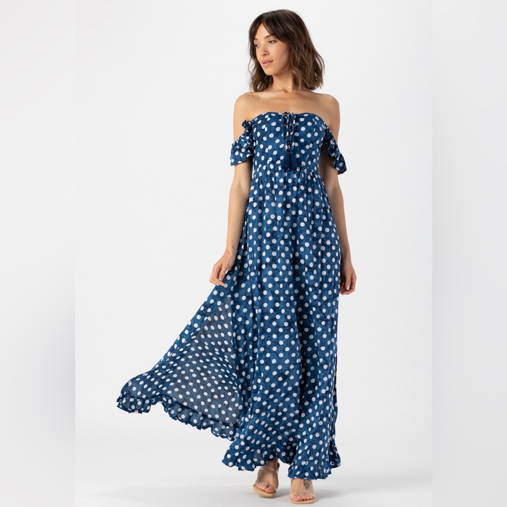 Tiara Hawaii blue polka dot Oasis Maxi Dress, one size, never worn with tags!